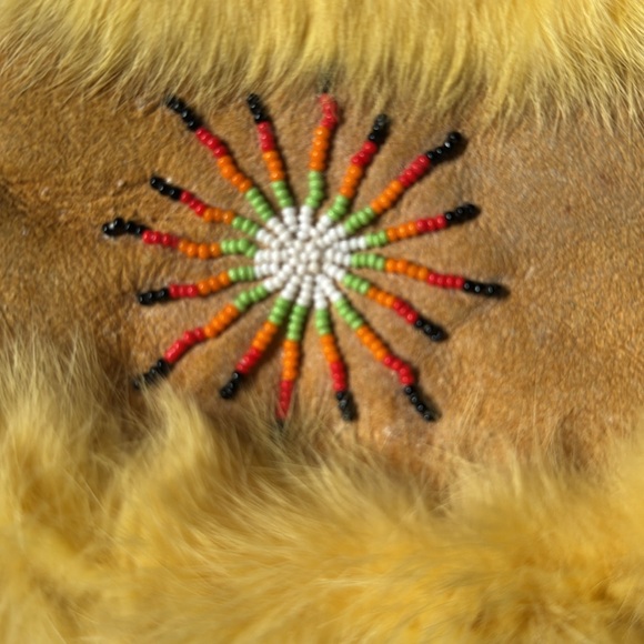 Embroidered Deer Skin Mittens with Yellow Fur Trim - Picture 5 of 5